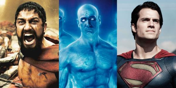 Split image of Leo<em></em>nidas in 300, Doctor Manhattan in Watchmen, and Superman in Man of Steel