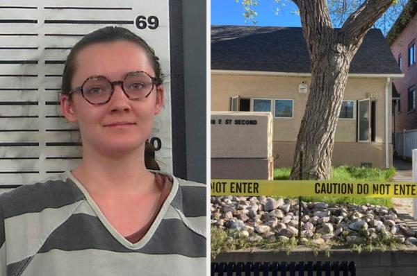 Lorna Roxanne Green appears in a booking photo / The fire-damaged Wellspring Health Access clinic is cordo<em></em>ned by tape, May 25, 2022, in Casper, Wyo.