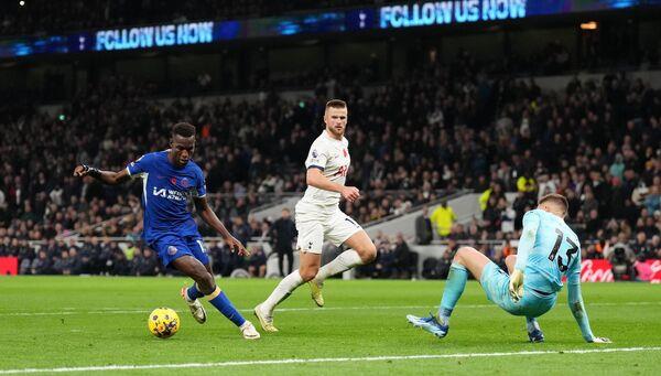 Chelsea's Nicolas Jackson runs in to score their side's fourth goal of the game and his hat-trick.