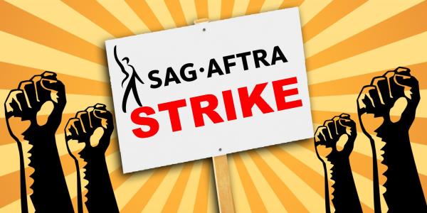 The SAG AFTRA strike logo with the picket sign and arms fisted 