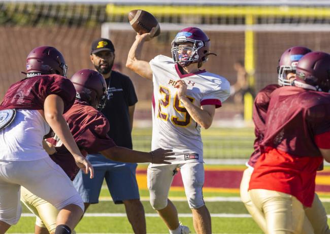 Piner quarterback Matthew Erickson leads the Prospectors offense during practice Wednesday, Aug. 12, 2022. (John Burgess / The Press Democrat)