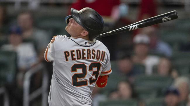 The Giants’ Joc Pederson pops out during the seventh inning against the Braves, Friday, Aug. 18, 2023, in Atlanta. (Hakim Wright Sr. / ASSOCIATED PRESS)