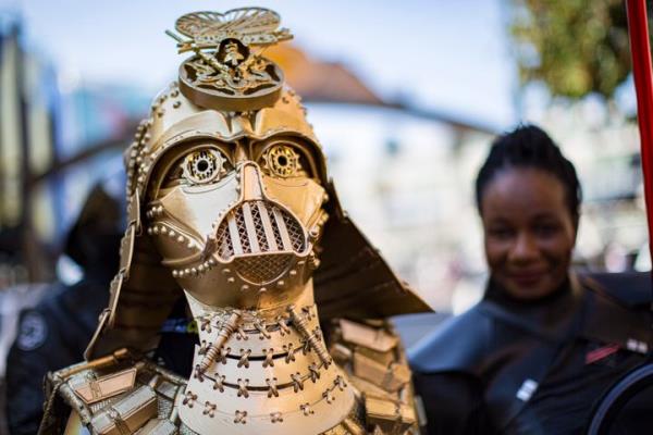 Star Wars cosplayer Christopher Canole poses as Dude Vader.