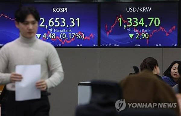 This file photo shows electro<em></em>nic signboards in the dealing room of Hana Bank in Seoul on Feb. 21, 2024. (Yonhap)